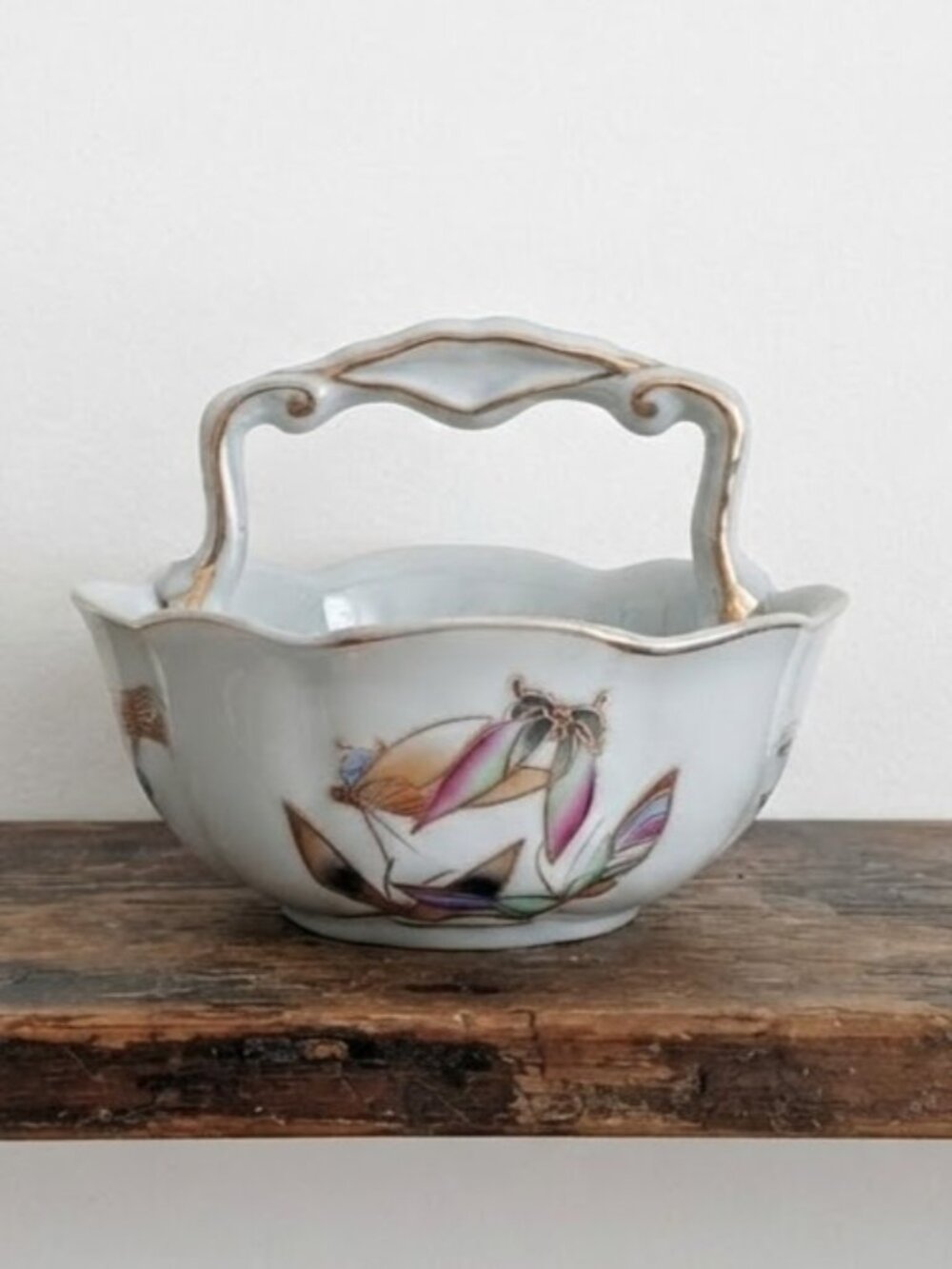 Vintage Porcelain Basket with Handle Candy Serving Dish Hand Painted Butterflies